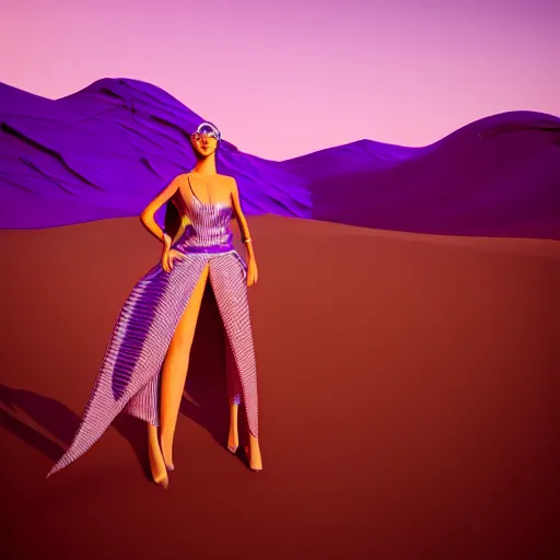 Image similar to woman wearing purple theme, avant-garde art, deco fashion, highly detailed, photorealistic portrait, serene desert setting, golden hour, crisp quality and light reflections, unreal engine 5 quality render