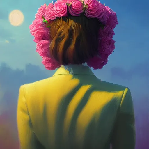 Prompt: closeup, massive rose flower head, frontal, a girl in a suit, surreal photography, sunrise, dramatic light, impressionist painting, digital painting, artstation, simon stalenhag