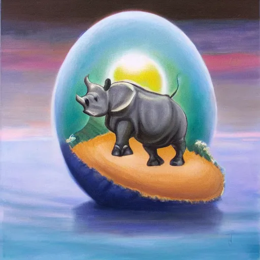 Image similar to oil on canvas of, rhinoceros hatching an egg in hawaii