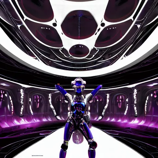 Prompt: ultra realist soft painting render of the inside of a futuristic nightclub, beautiful cyberwear armored cyborg dancer, symmetry accurate features, very intricate details, black white red purple color palette, masterpiece award winning, cinematic lighting, focus, tom bagshaw artstyle