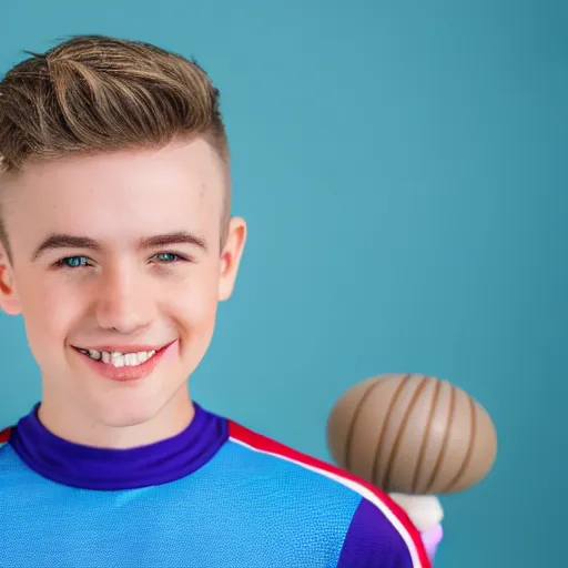 Image similar to photographic portrait of a young white male smiling with short brown hair that sticks up in the front, blue eyes, groomed eyebrows, tapered hairline, sharp jawline, wearing a purple white volleyball jersey, sigma 85mm f/1.4, 35mm, 4k, high resolution, 4k, 8k, hd, full color