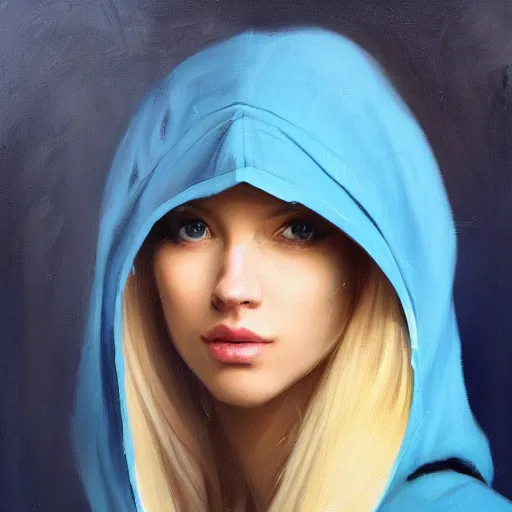 Prompt: greg manchess portrait of a beautiful girl with blonde hair, wearing a blue hoodie, medium shot, white background, asymmetrical, profile picture, organic painting, matte painting, bold shapes, hard edges, street art, trending on artstation, by huang guangjian and gil elvgren and sachin teng and wlop and rossdraws and greg rutkowski