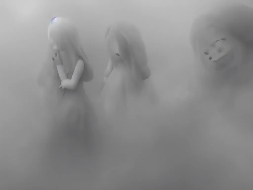 Prompt: cute fumo plush girl ghost in the haze of the murky river, smoke and volumetric fog, light shafts, light and shadow, vray