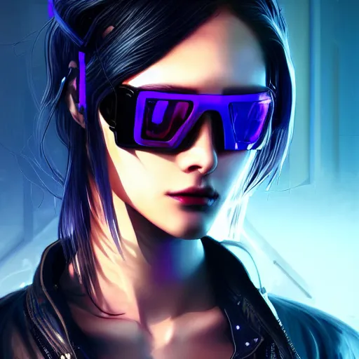 Prompt: portrait of a female cyberpunk assassin, leather jacket, aviators, neon hair, at futuristic cyberpunk tokyo night, ssci - fi and fantasy, intricate and very very very beautiful, highly detailed, digital painting, artstation, concept art, smooth and sharp focus, illustration, art by tian zi and wlop and alphonse mucha