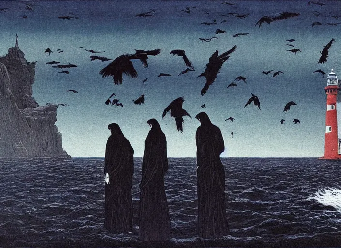 Prompt: worshippers in robes belonging to the cult of the lighthouse standing in waves with ravens flying overhead, a lighthouse, ravens, high detailed beksinski painting, part by adrian ghenie and gerhard richter. art by takato yamamoto. masterpiece, dark and moody, deep colours, blue - h 8 9 6