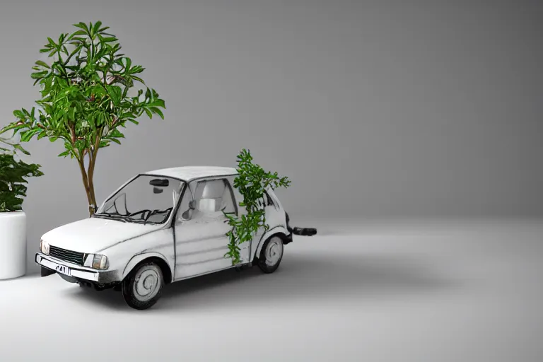 Image similar to a small miniature of a Peugeot 309 Vital on a white table near a vase with a plant, 3d render, unreal engine 5, octane render, 4k, low contrast, path tracing, serene landscape, calm, relaxing, beautiful landscape, highly detailed, high quality, product photo, hyperrealistic, concept art, symmetrical