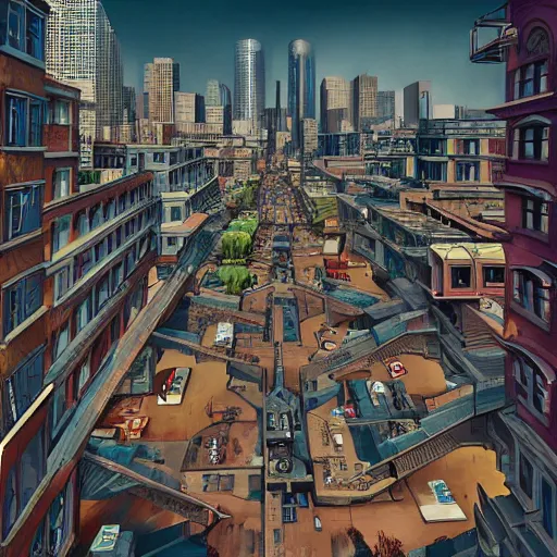 Image similar to A hyper real comic book style portait painting of downtown los angeles in the style of MC Escher, Maurits Cornelius Escher, unreal 5, hyperrealistic, octane render, cosplay, RPG portrait, dynamic lighting