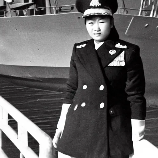 Prompt: Young Mongolian female Navy Admiral wearing a mess jacket, white waistcoat, gold-laced trousers, and a peaked cap, on the deck of a ship