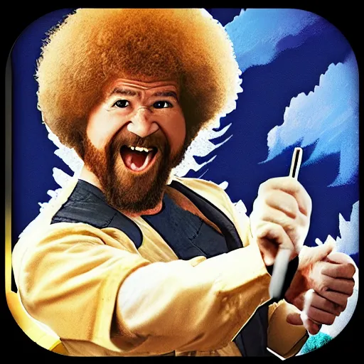 Image similar to bob ross fighting ninjas and screaming