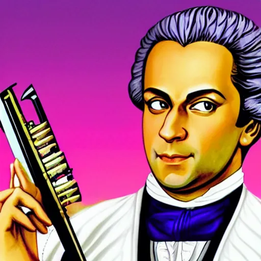 Prompt: Wolfgang Amadeus Mozart on the cover of GTA Vice City