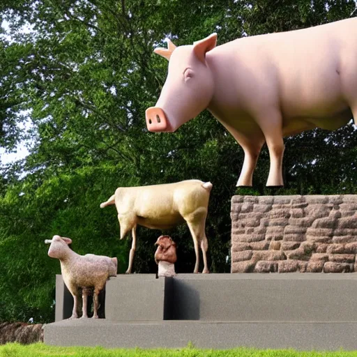 Image similar to statue of a pig, a cow, a horse, a chicken and a sheep