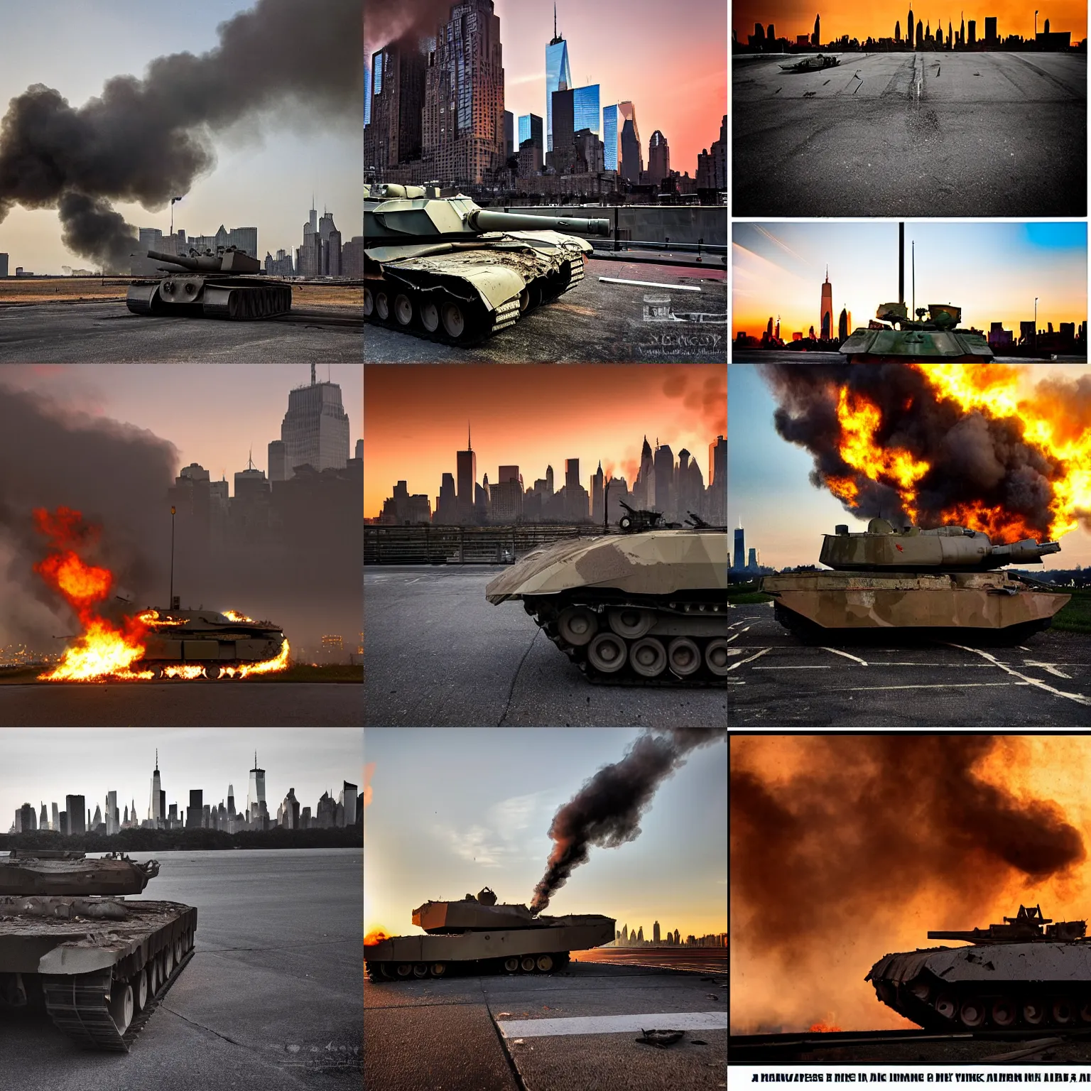 Prompt: destroyed m 1 abrams in front of the new york skyline, smoking and burning, reflections, award winning photograph, sunset, desolate, atmospheric