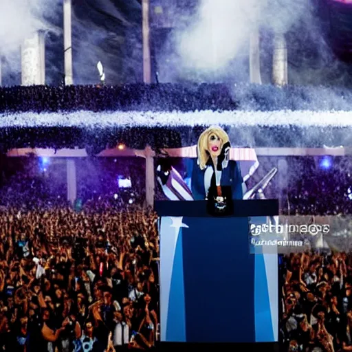 Image similar to Lady Gaga as president, Argentina presidential rally, Argentine flags behind, bokeh, giving a speech, detailed face, Argentina