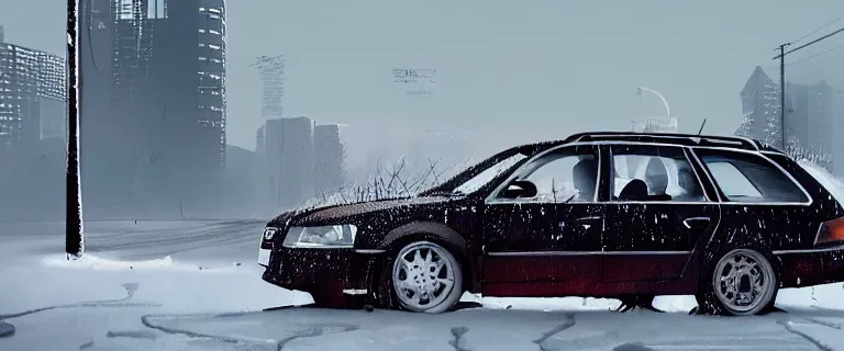 Image similar to Audi A4 B6 Avant (2002), a gritty neo-noir, dramatic lighting, cinematic, eerie person, death, homicide, homicide in the snow, viscera splattered, gunshots, bullet holes, establishing shot, extremely high detail, cracked windows, photorealistic, arson, cinematic lighting, artstation, by simon stalenhag, Max Payne (PC) (2001) winter New York at night, In the style of Max Payne 1 graphic novel, flashing lights, Poets of the Fall - Late Goodbye