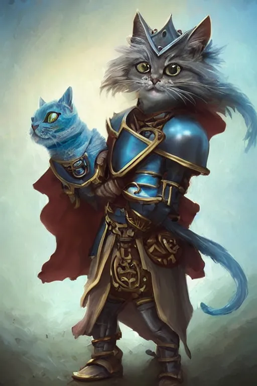 Image similar to cute little anthropomorphic cat knight wearing a cape and a crown, tiny, small, miniature cat , baby animal, short, pale blue armor, cute and adorable, pretty, beautiful, DnD character art portrait, matte fantasy painting, DeviantArt Artstation, by Jason Felix by Steve Argyle by Tyler Jacobson by Peter Mohrbacher, cinematic lighting