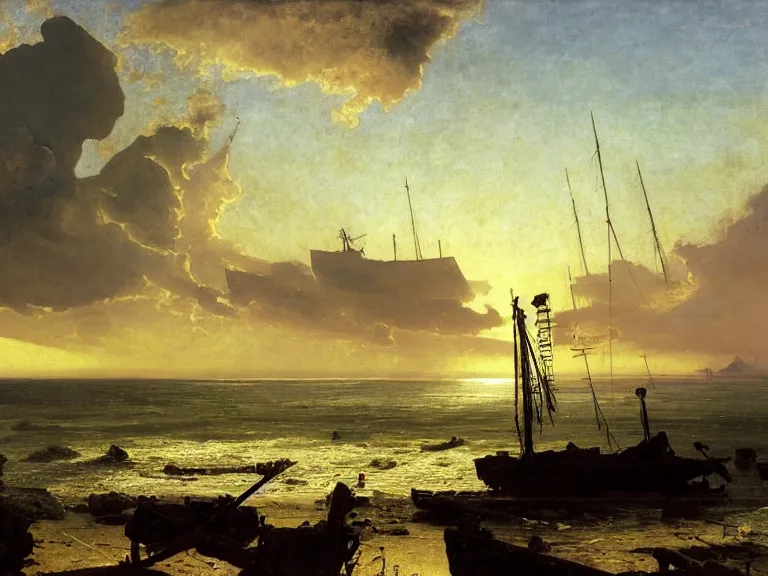 Image similar to an oil painting of a coastline at dawn, with an old shipwreck on a serene beach, beautiful sky by beksinski carl spitzweg and tuomas korpi. baroque elements, full-length view. baroque element. intricate artwork by caravaggio. Trending on artstation. 8k