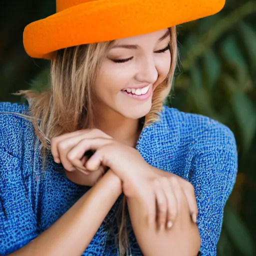 Prompt: very pretty portrait of a smiling 2 5 - year - old woman with 9 0 degree nails, medium yellow blond hair, character with an orange hat, hair comes out of the hat a little