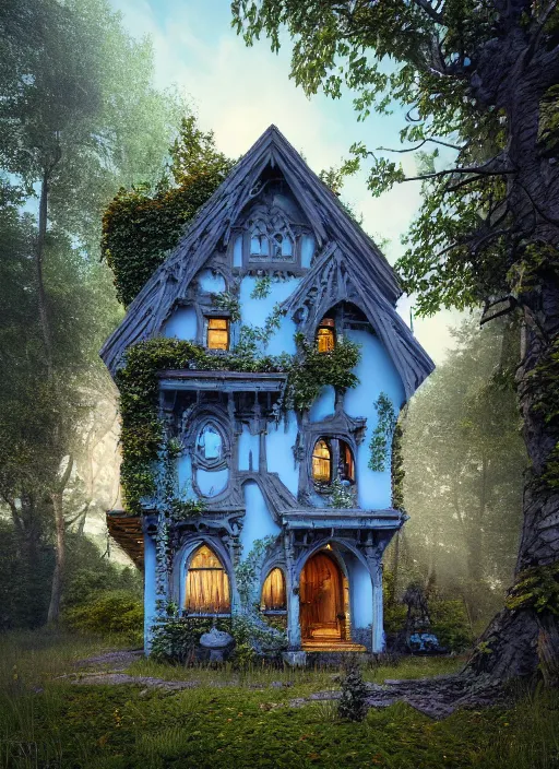 Image similar to hyper realistic homely ornate witch cottage architectural, in the woods gorgeous lighting, blue sky, highly detailed, lush forest architectural render, octane render, ue 5 raytraced