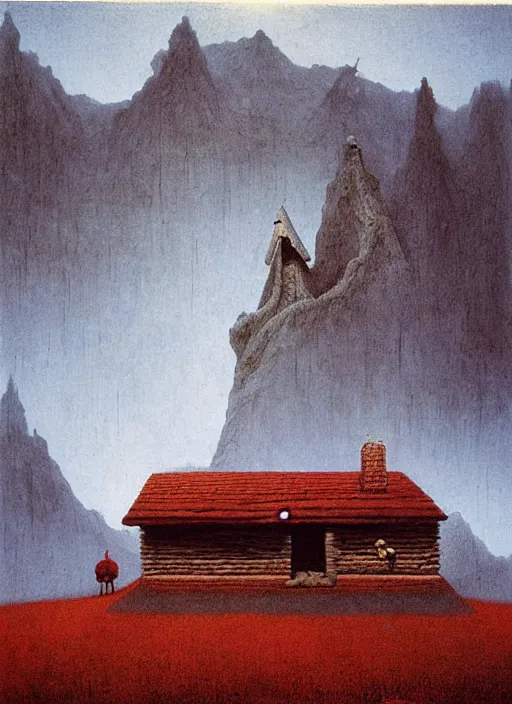 Prompt: mountain cabin by beksinski and salvadore dali