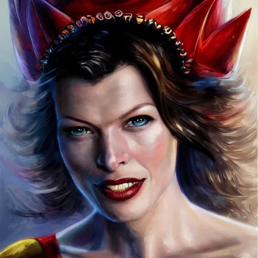 Image similar to superman as an attractive young smiling woman played by milla jovovich wearing a mushroom crown and heavy armoured wedding dress, face portrait, hd shot, digital portrait, elegant, beautiful, fantasy art, artstation, comic style, by artgerm, guy denning, jakub rozalski, magali villeneuve and charlie bowater