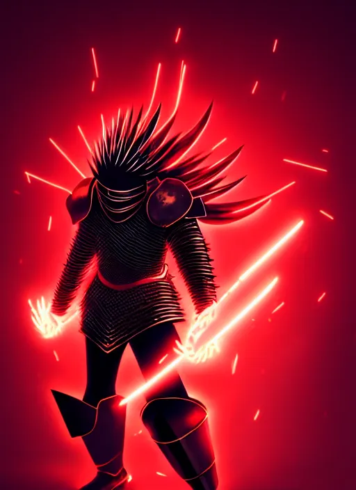 Image similar to a striking cinematic full body manga portrait of a long black haired masked male teenager wearing imposing red jagged spiked plate armour and glowing with raging powerful red energy by hirohiko araki and beeple, fine details, digital art, character concept art, volumetric lighting, cinematic light, photorealistic