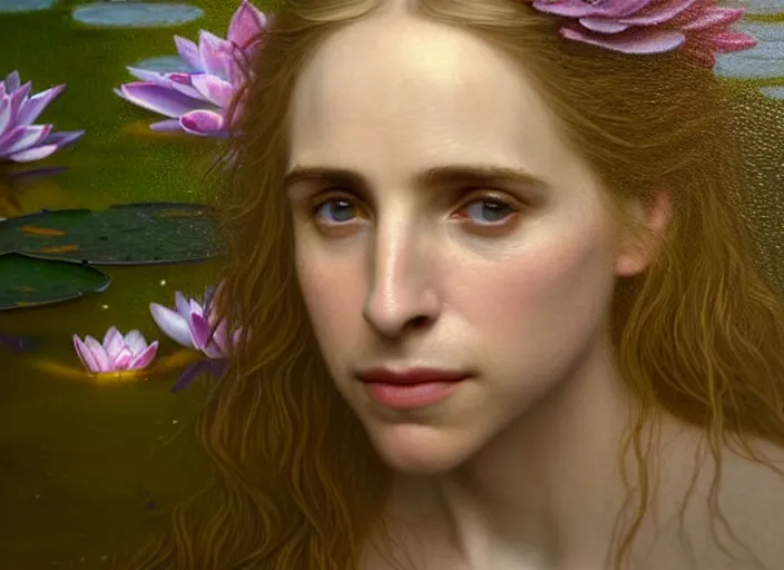 Image similar to 8K, soft light, warm volumetric lighting, highly detailed, brit marling style 3/4 ,view from above of close-up portrait photo of a beautiful woman how pre-Raphaelites painter, face is emerging of a pond with beautiful water lilies, she has a beautiful lace dress and hair are intricate with highly detailed realistic beautiful flowers , Realistic, Refined, Highly Detailed, natural outdoor soft pastel lighting colors scheme, faded colors, outdoor fine art photography, Hyper realistic, photo realistic,warm lighting,