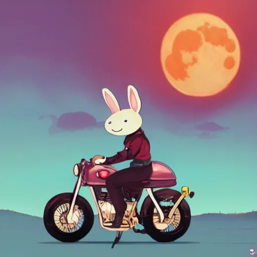 Image similar to bunny wearing a leather jacket riding a motorbike during sakura season on a blood moon by simon stalenhag, rule of thirds, dynamic pose, action pose, beautiful landscape