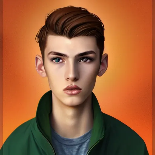 Prompt: colorful Captivating teenage boy with brown blond short quiff hair and thin slightly round facial structure with cleft chin, near eyes, beard, bumpy nose, good definition of cheekbones, Alert brown eyes, narrow face, slim body, atmospheric lighting, painted, intricate, 4k, highly detailed by Charlie Bowater