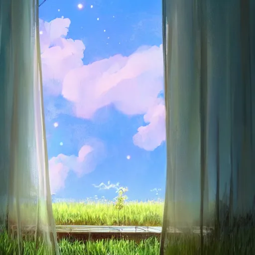 Image similar to a heavenly dream view from the interior of my cozy meadow of dream power-lines from a Makoto Shinkai oil on canvas inspired pixiv dreamy scenery art majestic fantasy scenery cozy window frame fantasy pixiv scenery art inspired by magical fantasy exterior