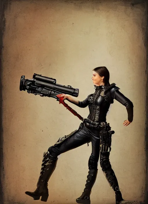 Image similar to a woman in leather armor holding a raygun blaster, vintage Raypunk painting, life like, intricate detail, 4K HD