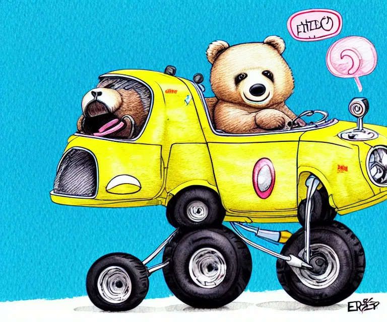 Image similar to cute and funny, bear wearing a helmet riding in a tiny hot rod with oversized engine, ratfink style by ed roth, centered award winning watercolor pen illustration, isometric illustration by chihiro iwasaki, edited by range murata