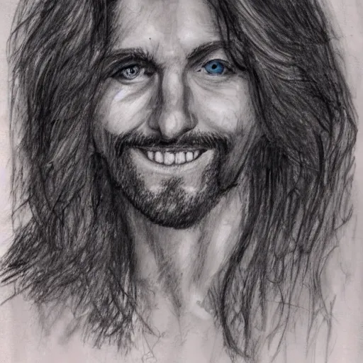 Image similar to sketch of a caucasian face, medium long hair, bad skin, skinny, blue eyes, smiling, climber