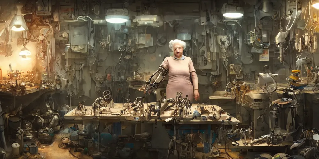 Image similar to an environmental concept art of an elderly woman cyberneticist in a cluttered workshop, surgical implements, surgery table, robotic arm, highly detailed, cinematic, dramatic, cyberpunk, dieselpunk, scifi space station, horror, bladerunner 2 0 4 9
