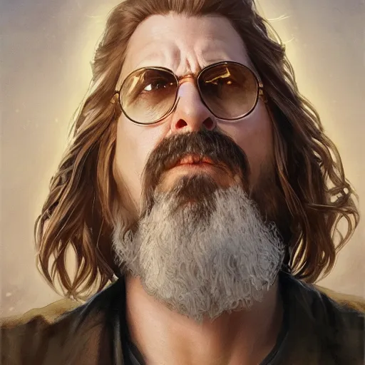 Image similar to portrait of big lebowski, deep focus, d & d, fantasy, intricate, elegant, highly detailed, digital painting, artstation, concept art, matte, sharp focus, illustration, art by artgerm and greg rutkowski and alphonse mucha