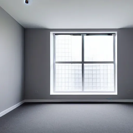 Prompt: empty bedroom, grey carpet on the floor, blank white walls, soft ceiling light, single window on the right side, XF IQ4, 150MP, 50mm, F1.4, ISO 200, 1/160s, natural light