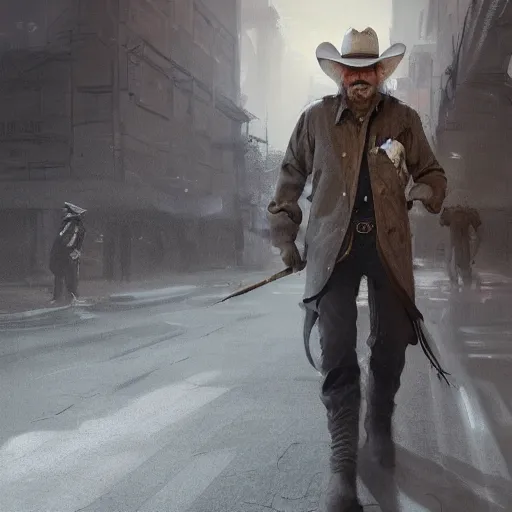 Prompt: portrait of a man with a long duster, grey hair and a cowboy hat walking in a western town, hard good looking face, middle aged, drawn by Ruan Jia, disco elysium art, fantasy art, dramatic lighting, digital art, 8k, highly detailed