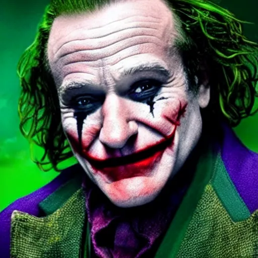 Image similar to stunning awe inspiring ( robin williams ) as the joker 8 k hdr movie still atmospheric lighting