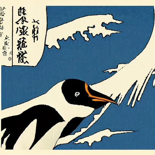 Prompt: penguin meme hokusai style with text royal road pwns j 0 0