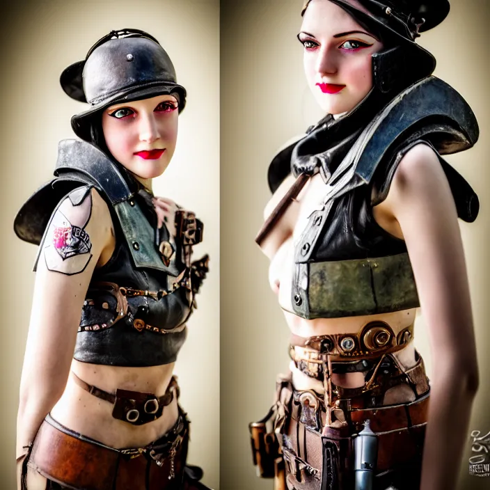 Image similar to photograph of a real - life very beautiful slim dieselpunk warrior. extremely detailed. dslr. 8 5 mm.