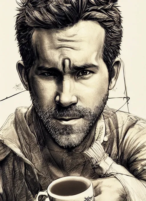 Prompt: close up portrait of ryan reynolds drinking coffee upside down, powerful, domineering, stoic, masterful, intense, ultrafine hyperdetailed illustration by kim jung gi, irakli nadar, intricate linework, sharp focus, octopath traveler, yoji shinkawa, highly rendered, detailed, concept art