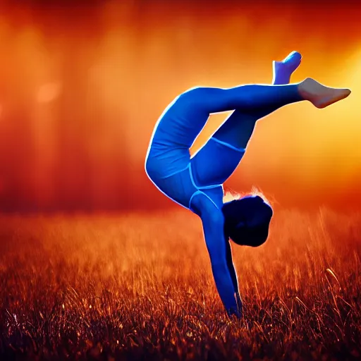 Image similar to An origami girl doing acrobatic contemporary dance, dramatic lighting, with bokeh effect in a sunny meadow