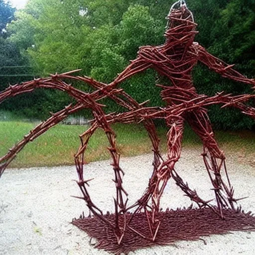 Image similar to sculpture made out of rusty barbed wire.