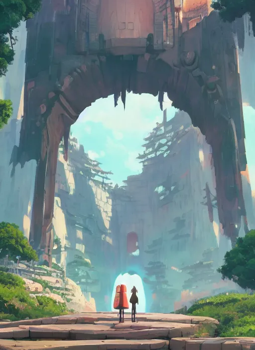 Image similar to warm canyon with giant gate entrance, nuclear powered, detailed, futuristic, cory loftis, james gilleard, atey ghailan, makoto shinkai, goro fujita, studio ghibli, rim light, exquisite lighting, clear focus, very coherent, plain background