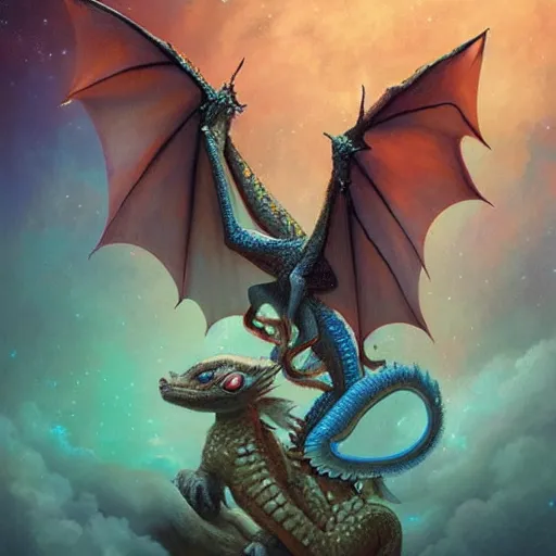 Image similar to a hyperrealistic illustration of a cute and tiny dragon that glows in the dark, dragon baby, glow in the dark, fractal moonlight, little dragon with glowing scales, award - winning, masterpiece, in the style of tom bagshaw, cedric peyravernay, peter mohrbacher