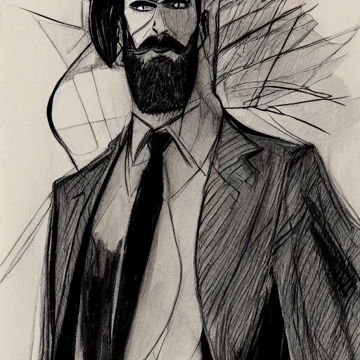 Image similar to very high angle view, very attractive man with beard, highly detailed full body, strong masculine features, slim, command presence, royalty, smooth, sharp focus, organic, appealing, book cover, deep shadows, by Dave McKean sketch lineart for character design