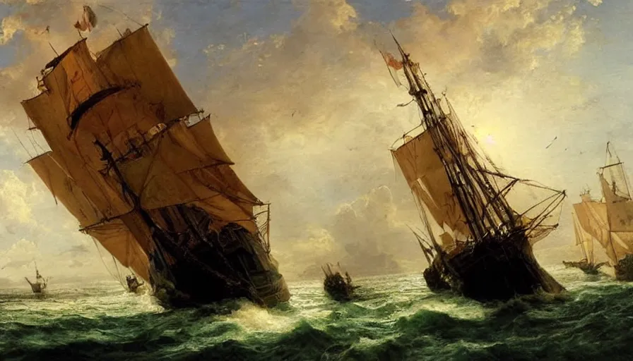 Prompt: a large flying pirate airship, 1 8 th century, painting by edward moran, beautiful, highly detailed