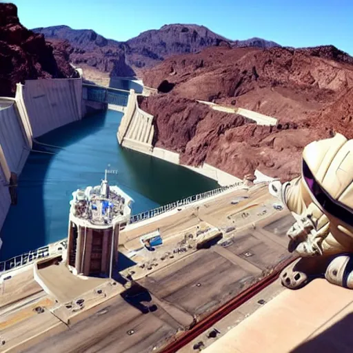 Image similar to dril fist fighting drilbot on top of hoover dam