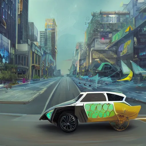 Image similar to solarpunk vehicle flying through solar punk city streets