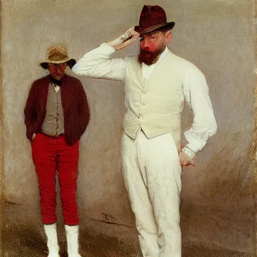 Image similar to white shirt, red vest, and white derby hat, by thomas eakins