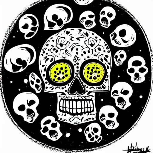 Prompt: circle, face, skull, ink, brush strokes, limited colour pattern, highly artistic